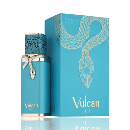 Vulcan Feu 100ml fragrance bottle with snake-shaped silver adornment and blue packaging