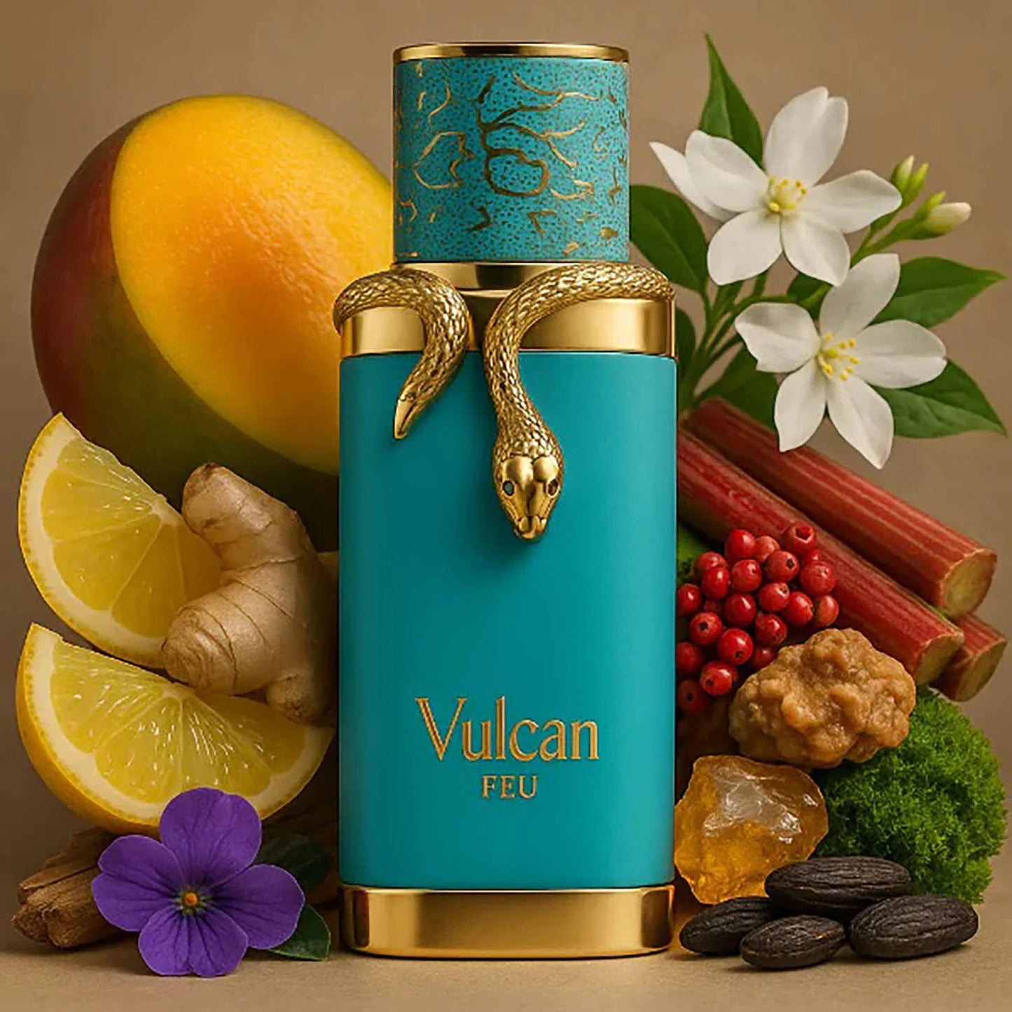 Vulcan Feu 100ml perfume bottle with gold snake detail surrounded by citrus and spice ingredients