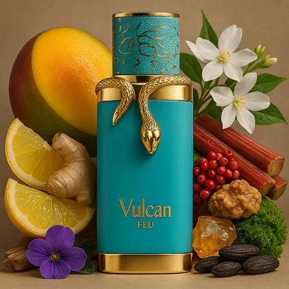 Vulcan Feu 100ml perfume bottle with gold snake detail surrounded by citrus and spice ingredients