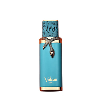 Vulcan Feu 100ml fragrance bottle with snake-shaped silver adornment on vibrant marbled background
