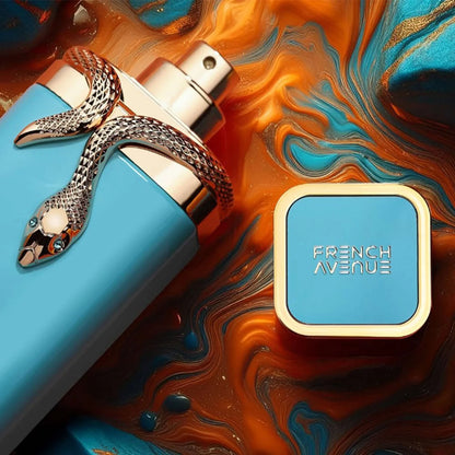 Vulcan Feu 100ml fragrance bottle with snake-shaped jewelry on a colorful marbled background