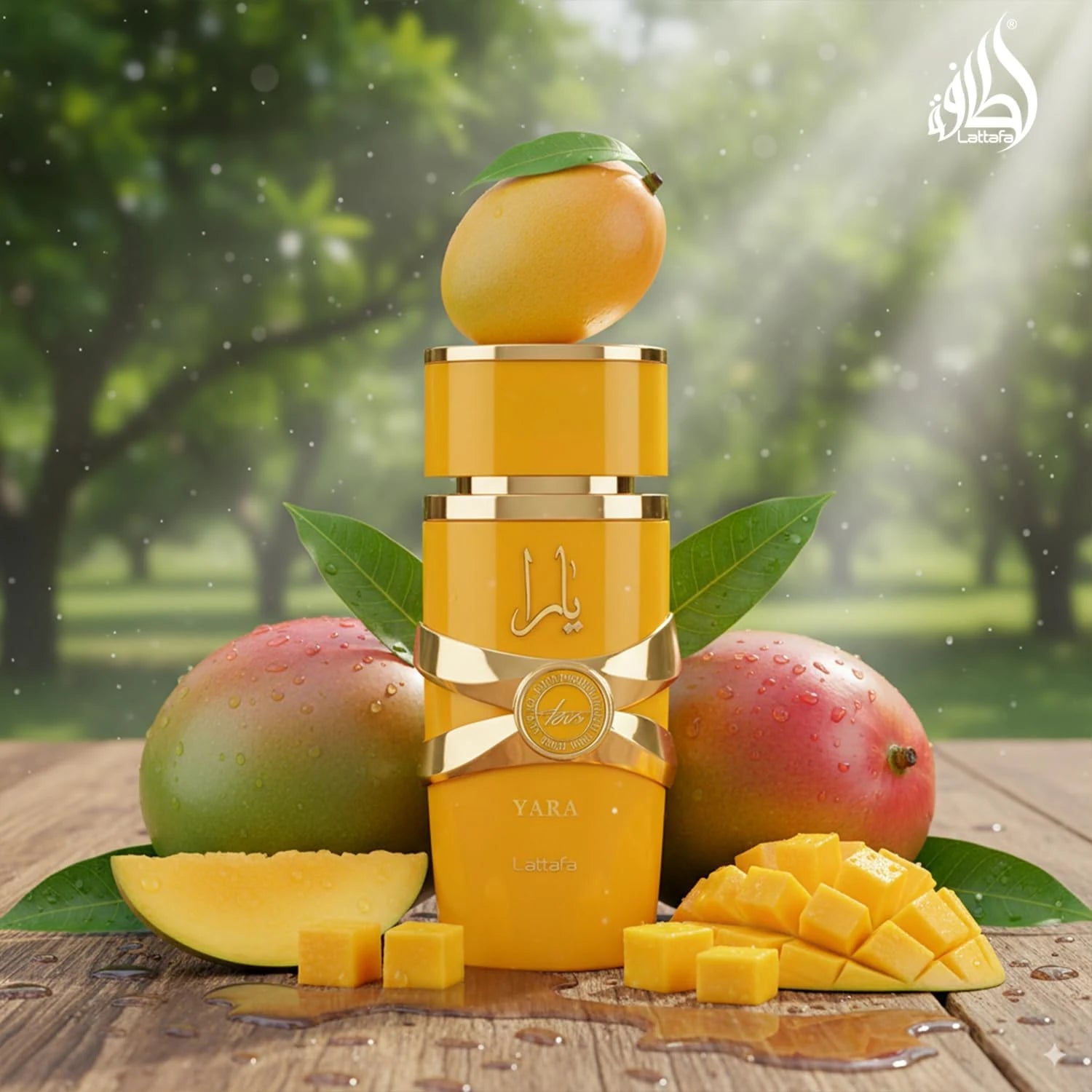 Yara Tous fragrance – bottle with tropical mango fruit lifestyle setting